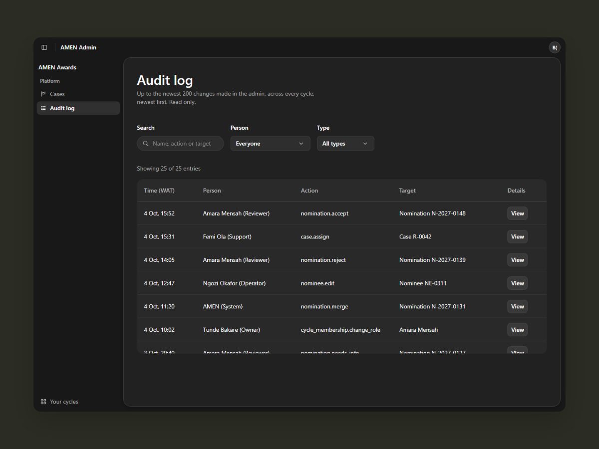 The AMEN admin audit log in dark mode: the Audit log title, Search, Person and Type filters, and a table of changes with time, person, action and target.