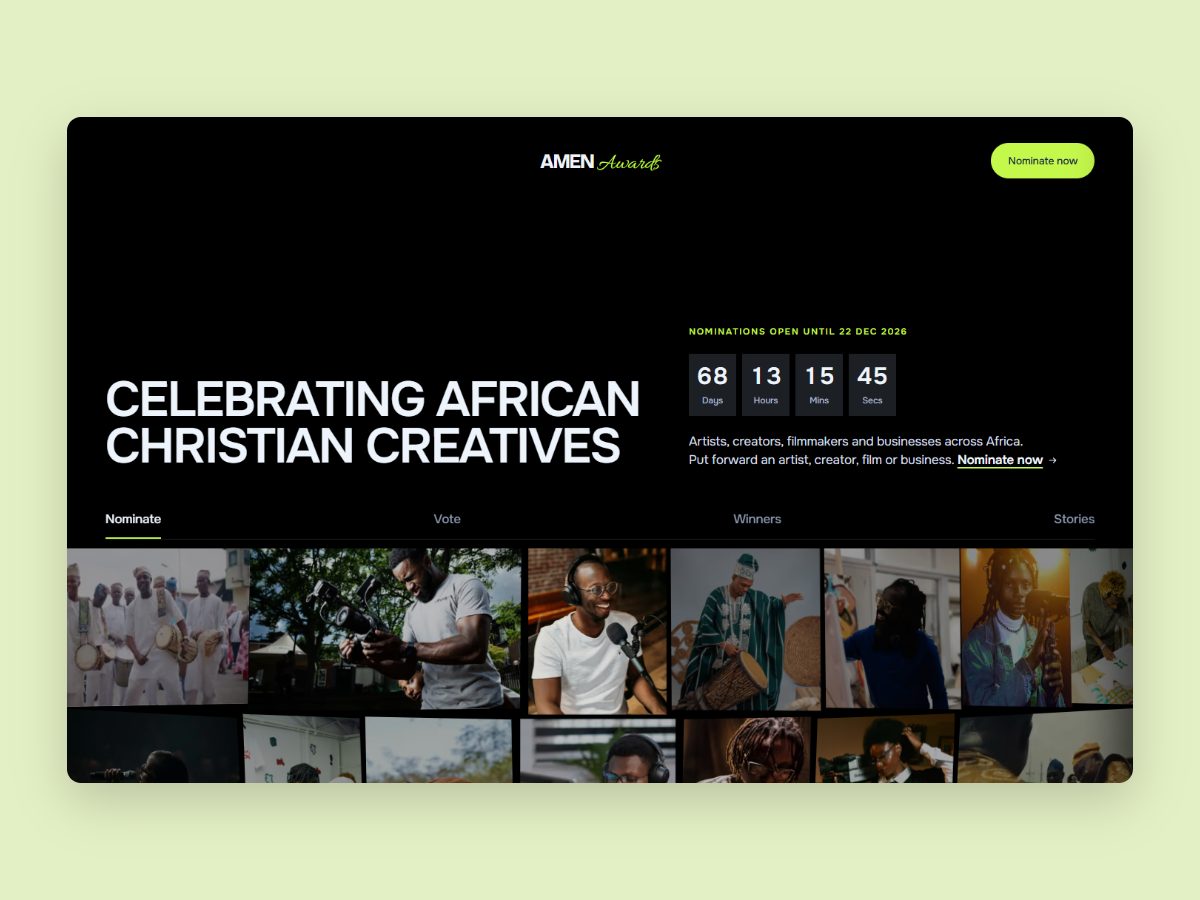 The AMEN Awards site on desktop: the headline Celebrating African Christian creatives, a countdown to the close of nominations on 22 December 2026, Nominate, Vote, Winners and Stories tabs, and a mosaic of creatives.