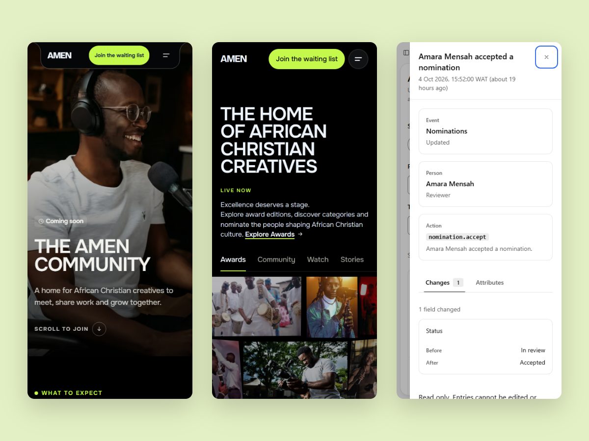 Three phone screens: the AMEN Community hero, the AMEN home page hero with Awards, Community, Watch and Stories tabs, and the audit log detail panel.