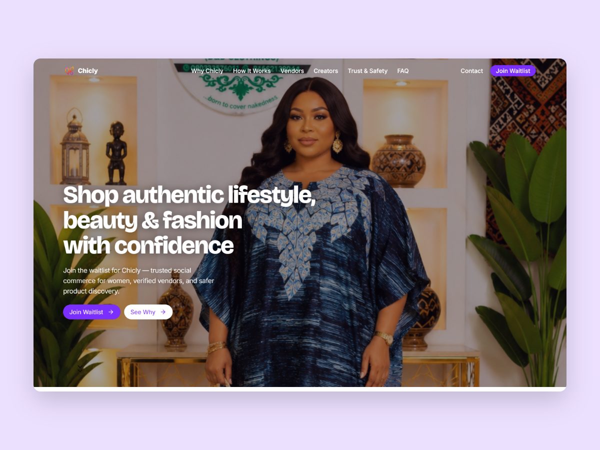 The Chicly waitlist site on desktop: the headline "Shop authentic lifestyle, beauty & fashion with confidence" over a photo of a woman in a fashion boutique, with a purple Join Waitlist button.
