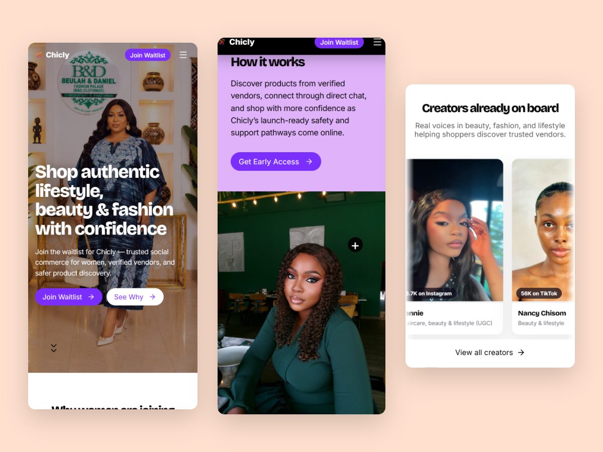 Three Chicly phone screens: the hero with Join Waitlist and See Why buttons, the How it works section on a lilac panel, and the Creators already on board carousel.