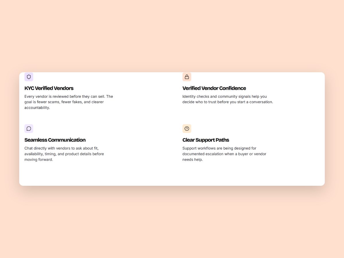 A grid of Chicly trust features with pastel icon tiles, starting with KYC verified vendors.