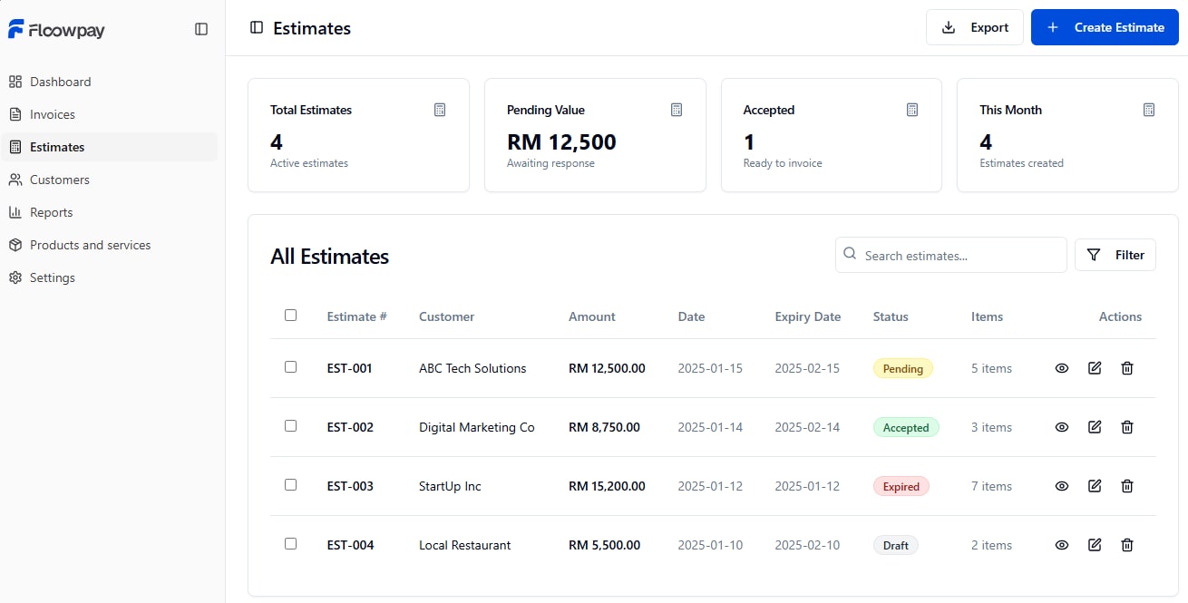 The Floowpay Estimates page: totals for estimates, pending value, accepted and this month, then a table of estimates with customer, amount, date, expiry date, item count, and a coloured status: Pending in yellow, Accepted in green, Expired in red and Draft in grey.