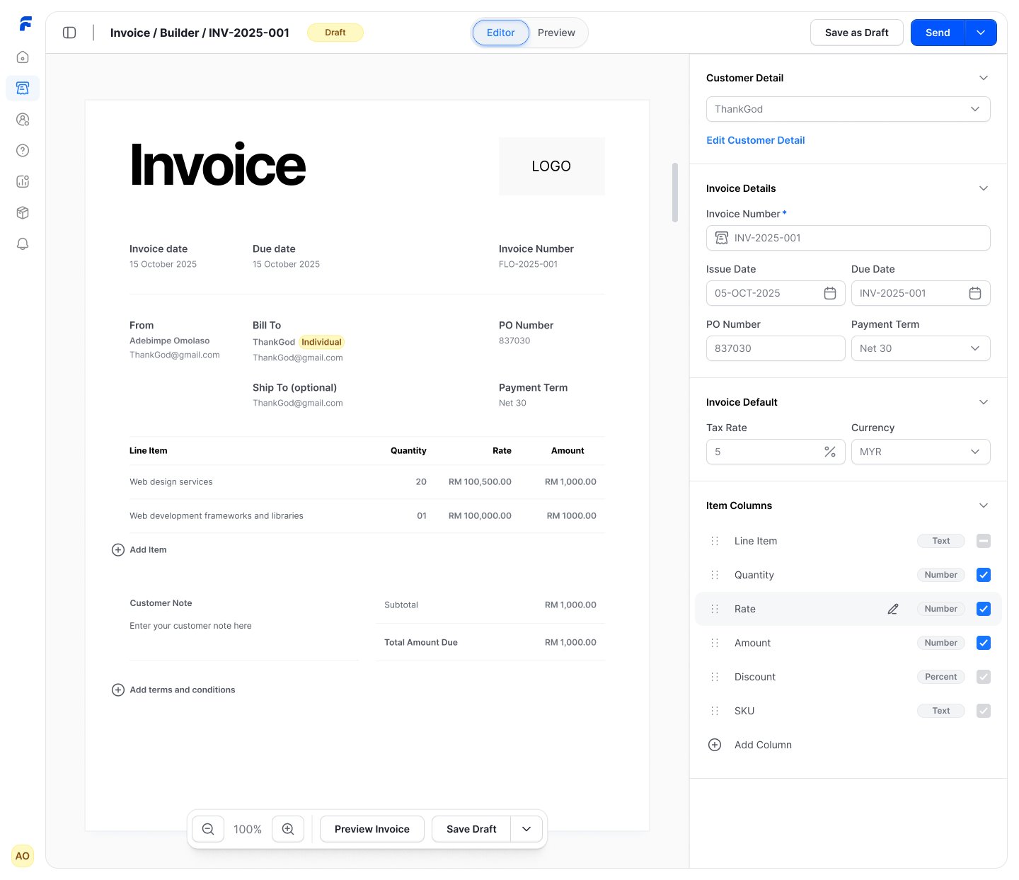 The Floowpay invoice builder: a draft invoice INV-2025-001 shown as a document on the left, and a panel on the right with customer detail, invoice details, tax rate and currency, and item columns that can be turned on and off.