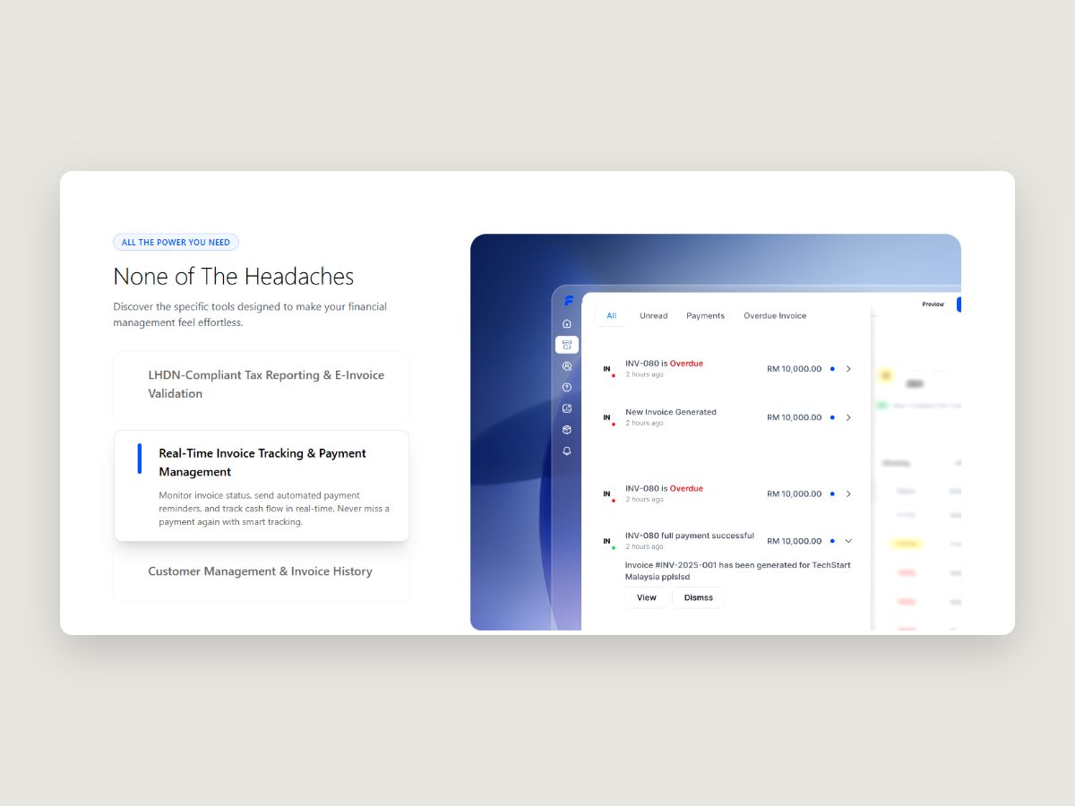 A Floowpay notifications panel with All, Unread, Payments and Overdue tabs, listing invoice events with status colours.