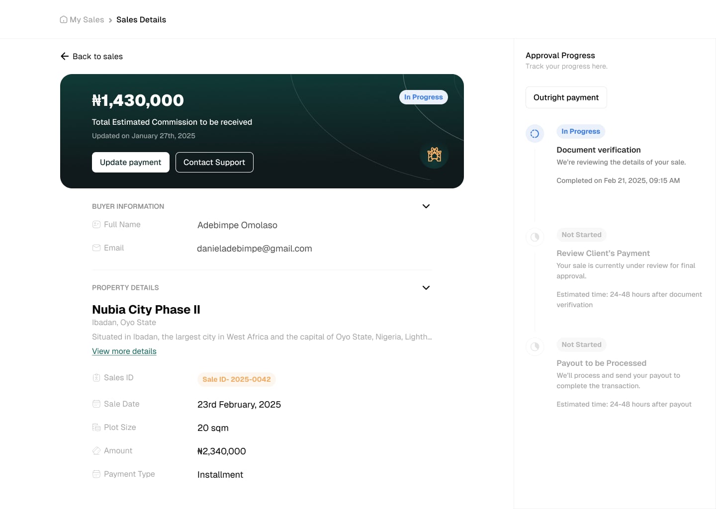 An earlier Landnest sale details screen: the estimated commission in a dark green card, buyer information and property details for Nubia City Phase II, and an approval progress panel with document verification in progress.